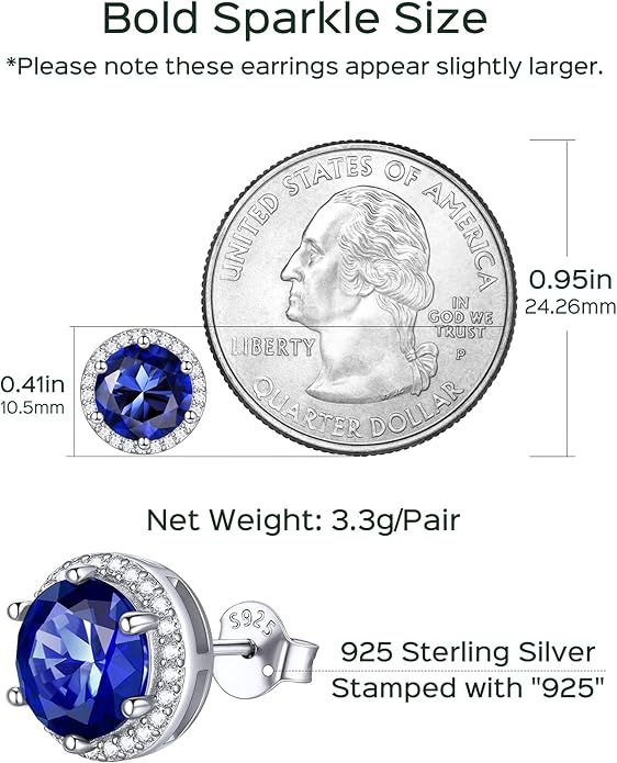 ChicSilver 925 Sterling Silver Birthstone Earrings for Women, 8MM/2 Carat Heart & Round Cubic Zirconia Stud Earrings, Hypoallergenic Jewelry, Ideal Birthday or Christmas Gifts