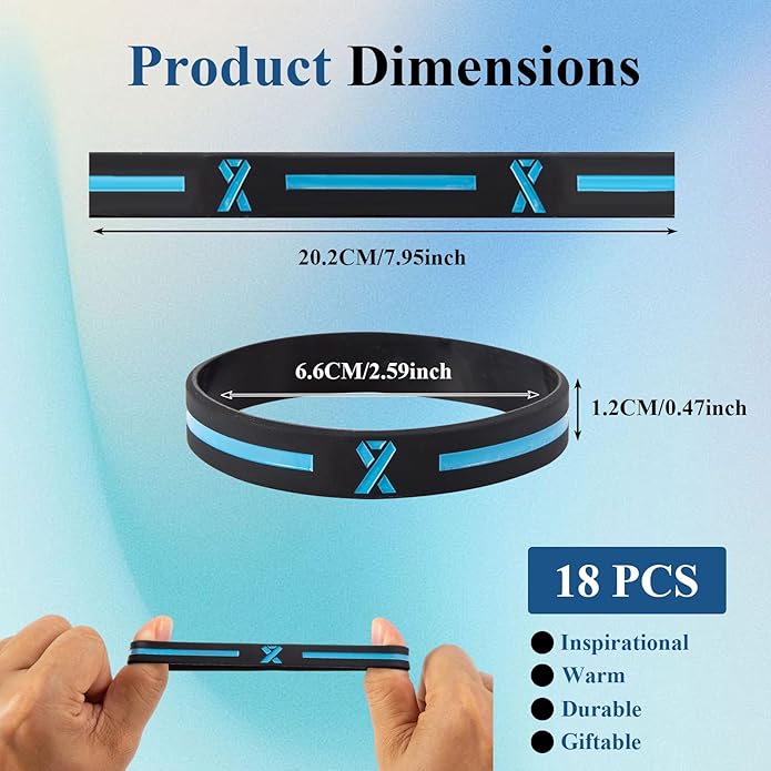 18Pcs Prostate Cancer Awareness Bracelets Light Blue Ribbon Silicone Wristband for Men Women Men's Health ALS Thyroid Lymphedema Cancer Awareness Bracelet for Men Event Support Favor Gifts