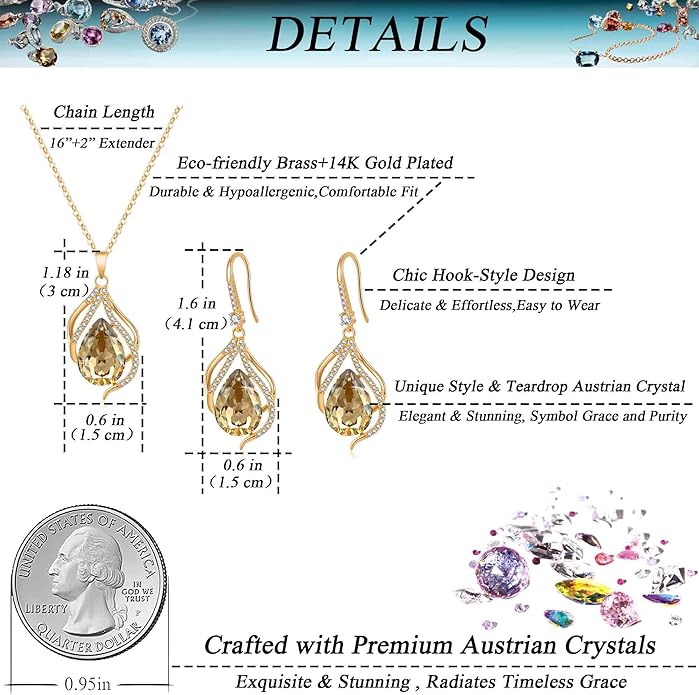 EVEVIC Austrian Crystals Teardrop Hollow Twisted Pendant Necklace Earrings for Women 14K Gold Plated Halo Drop Dangle Earrings Hypoallergenic Jewelry Set