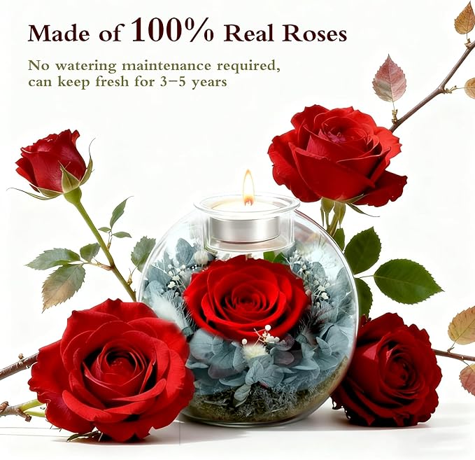 Forever Real Roses in Glass with Scented Candle, Christmas Gift Ideas Preserved Flower Christmas Gifts for Women Her Girlfriend Wife Mom on Valentines Birthday Anniversary Red