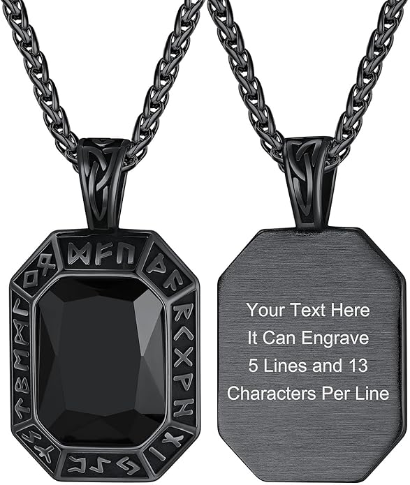 ChainsHouse Viking Rune Pendant Necklace for Men Women, Punk Biker Black Metal/316L Stainless Steel Onyx Norse Vintage Amulet Necklaces with Black/Red/Green/Blue Gemstone, Send Gift Box