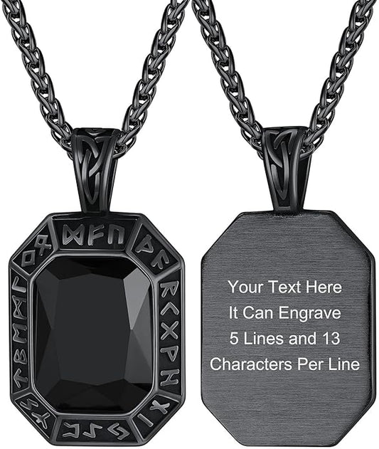 ChainsHouse Viking Rune Pendant Necklace for Men Women, Punk Biker Black Metal/316L Stainless Steel Onyx Norse Vintage Amulet Necklaces with Black/Red/Green/Blue Gemstone, Send Gift Box