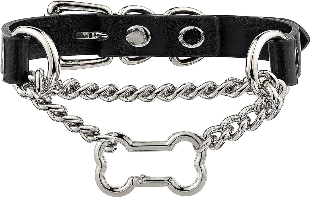 Black/Pink Leather Choker Collar For Women, Handmade Gothic Slip Chain Necklace with Bone Clasp