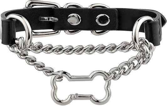 Black/Pink Leather Choker Collar For Women, Handmade Gothic Slip Chain Necklace with Bone Clasp
