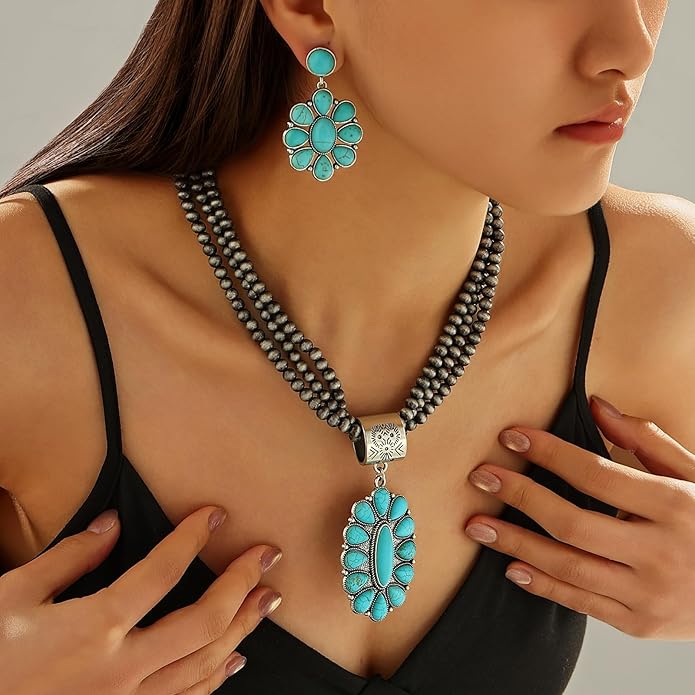 KLSURPRISE2 Western Jewelry Sets for Women – Turquoise Necklace and Earring Set Vintage Boho Cowgirl Accessories Country Jewelry Gift for Her