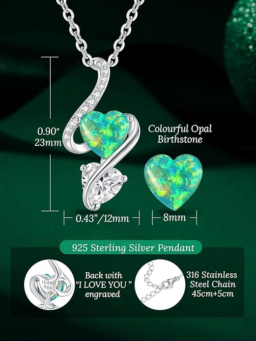 LOUISA SECRET 925 Sterling Silver Opal Birthstone Necklace, Unique Tiny Double Heart Pendant Jewelry, Engraved with "S925 I Love You" Best Birthday Gift for Women Wife Girlfriend Mom Her, Christmas Day Valentine's Day Anniversary Mother's Day