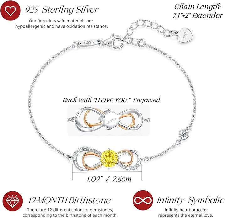 LOUISA SECRET Rose Gold Infinity Heart Bracelet for Women, Adjustable Chain 925 Sterling Silver Link Birthstone Bracelets, Best Anniversary Birthday Jewelry Gifts for Women Mom Wife Her