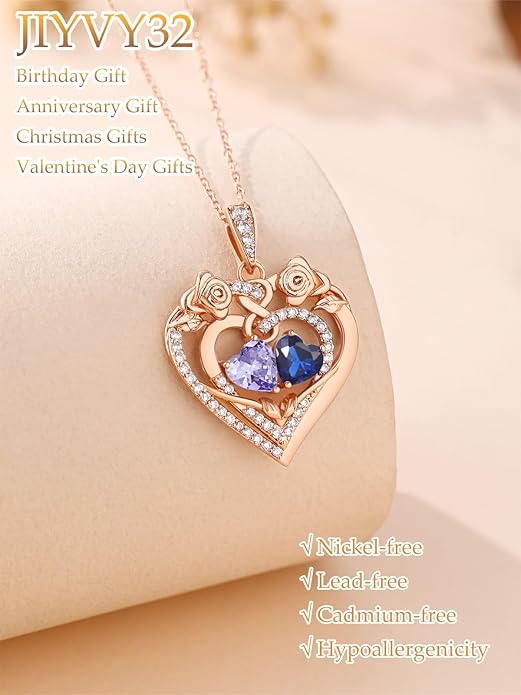 JIYVY32 Rose Heart Necklace for Women Exquisite 925 Sterling Silver Anniversary Birthday Gifts for Wife Mom Her Double Birthstone Pendant Jewelry