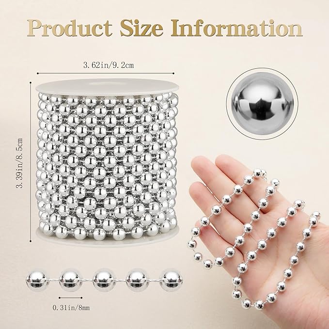 8mm Pearl Garland, 33 Feet Faux Pearl Garland Spool Roll for Wedding Centerpiece Backdrop Christmas Tree and Flowers Decoration DIY Craft （Silver）