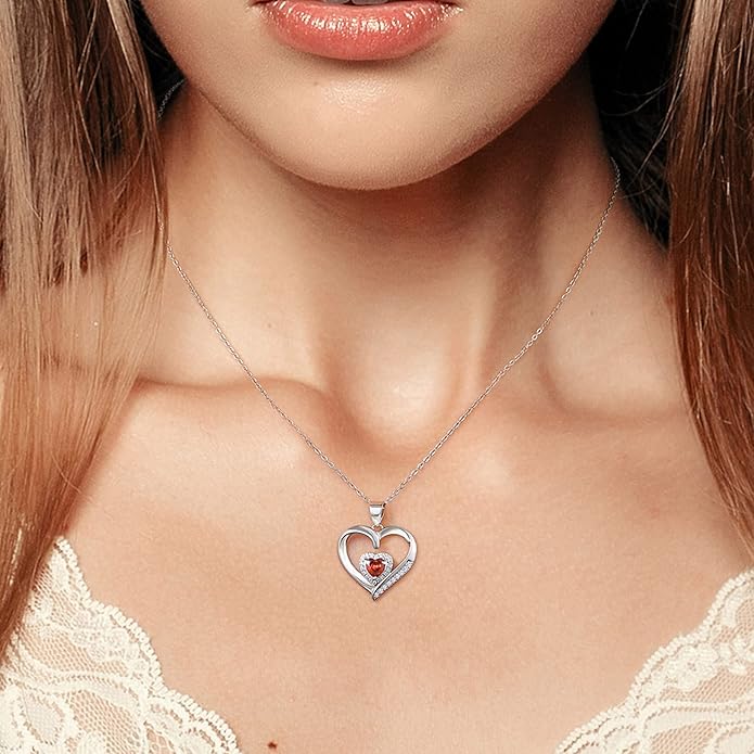 GLIVEOR Heart Birthstone Necklace for Women,S925 Sterling Silver Necklace Birthstone Necklace Heart Necklace for Women Birthday Jewelry Gifts for Women