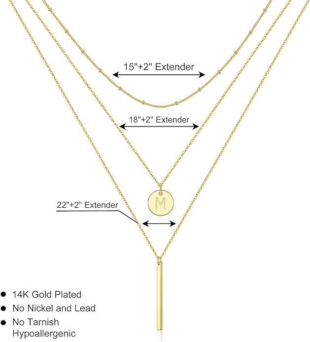 Initial Layered Necklaces for Women, 14K-Gold-Plated Coin Letter Necklace Bar Stacking Layer Necklace Multi Bar Layering Y-Necklaces Jewelry for Women