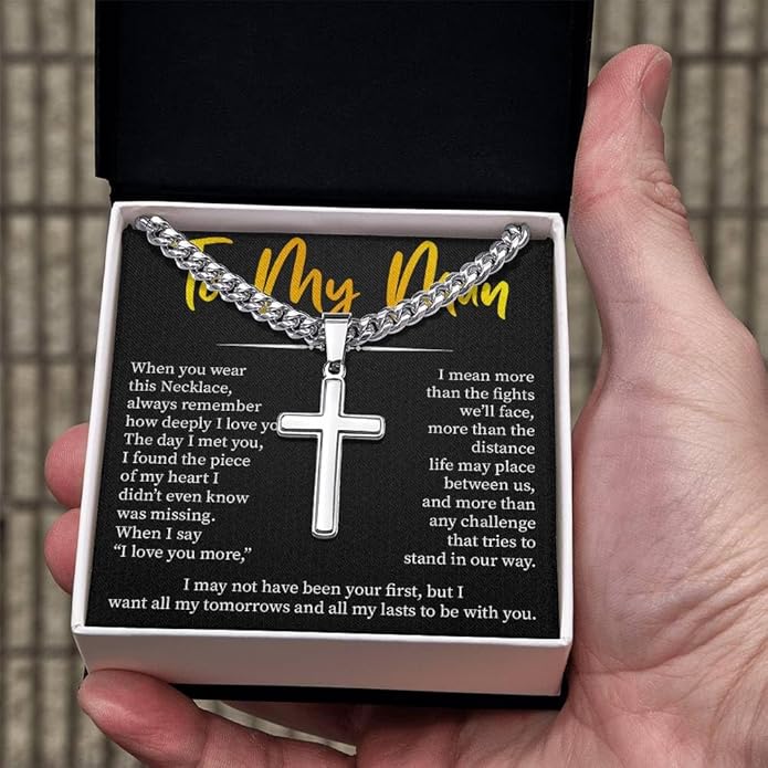 FLAGISTA To My Man Cross Necklace, Stainless Steel Cross Pendant with Adjustable Cuban Link Chain, Meaningful Gift for Him.