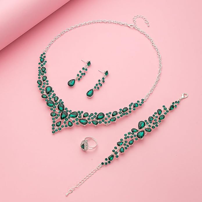 Paxuan Crystal Bridal Wedding Jewelry Sets for Women Rhinestone Teardrop Crystal Statement Choker Necklace Drop Earrings Link Bracelets Rings Teardrop Jewelry Set for Brides Bridesmaids