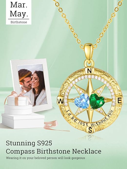 Zeuslia Double Birthstone Necklace Gifts for Wife - 925 Sterling Silver Sunflower/Rose/Crown Cross/Compass/Heart Pendant I Love You Necklace, Anniversary Birthday Gifts for Wife Girlfriend Mom Her