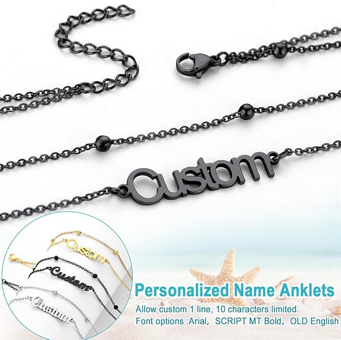 U7 Custom Layered Ankle Bracelets for Women Stainless Steel Bead/Cuban/Figaro/Rope/Wheat Chain Anklet Waterproof Anklet Jewelry for Beach Vacation