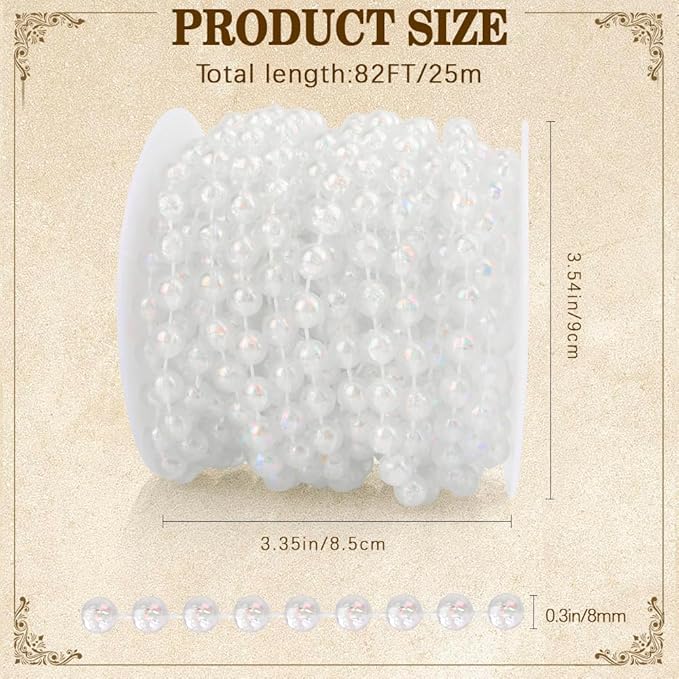 Pearl Beads Garland, 8mm String of Pearls, 32.8FT Pearl Garland for Christmas Tree, Christmas Faux Pearls Strand Roll for DIY Craft Xmas Wedding Party Supplies Flowers Decoration