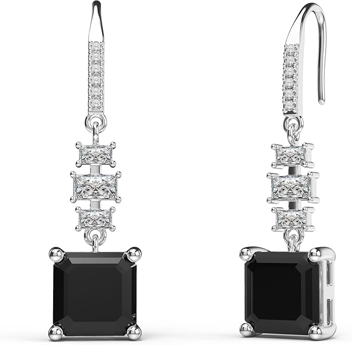 18K White Gold Plated Sterling Silver Asscher Cut Cubic Zirconia Dangle Earrings for Women Square CZ Diamond Drop Dangling Earrings for Women Mom