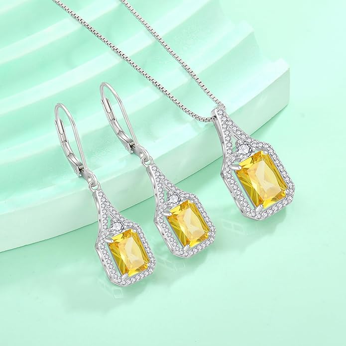 Emerald Cut Dangle Drop Earrings 925 Sterling Silver Halo Rectangular Leverback Earrings Birthstone Jewelry for Women