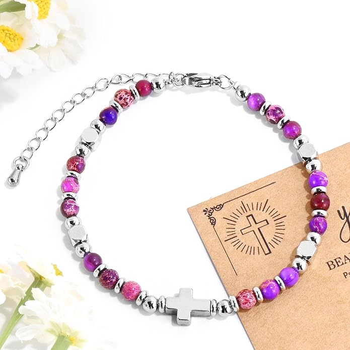 VIBILIA Cross Beaded Bracelets for Women, Inspirational Natural Heart Religious Bracelets for Women, Birthday Christian Gifts for Women on Thanksgiving Christmas Gifts