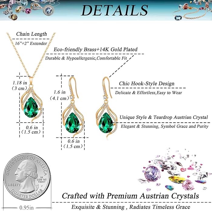 EVEVIC Austrian Crystals Teardrop Hollow Twisted Pendant Necklace Earrings for Women 14K Gold Plated Halo Drop Dangle Earrings Hypoallergenic Jewelry Set