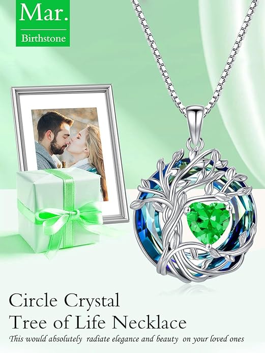TOUPOP Christmas Gifts Tree of Life Birthstone Necklace 925 Sterling Silver Pendant Austrian Crystal Jewelry Anniversary Birthday Gifts for Women Mom Her Wife