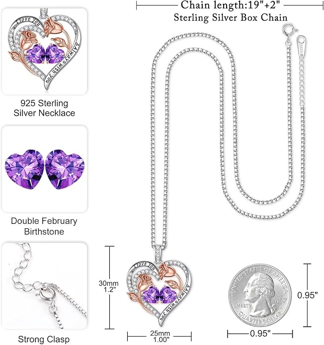 Iefil Birthstone Necklace for Women - 925 Sterling Silver Rose Heart Birthstone Necklace Birthday Anniversary Jewelry Gifts for Her Wife Mom Daughter
