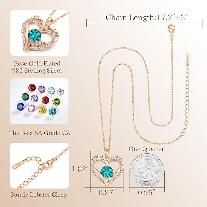 LOUISA SECRET Love Heart Birthstone Necklaces for Women, Birthday Gift for Girlfriend, Anniversary Jewelry Gift for Wife Her, 925 Sterling Silver Women Pendant Necklace, Mother's Day Christams Gift