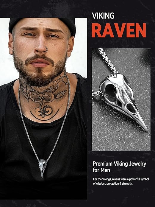 FaithHeart Viking Raven Necklace for Men, Norse Mythology Raven Skull Pendant Sturdy Stainless Steel Amulet Jewelry Gift for Men