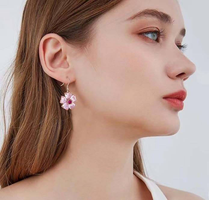 VONSSY Elegant Cherry Blossom Necklace Earrings Pink Cats Eye Flower Flora Sakura Gemstone Crystal Pendant 18k Gold Plated Chain Jewelry Set Gift for Woman Wife Girlfriend