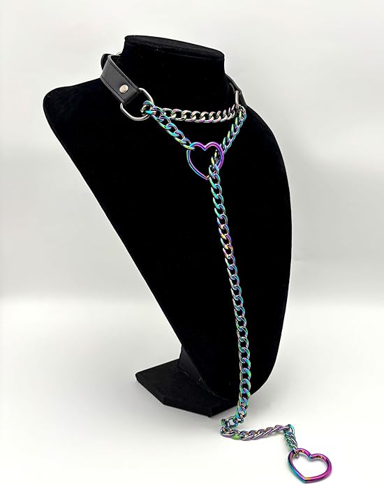 Black Leather Choker Collar For Women, Handmade Heart Slip Chain Choker Long Necklace with Adjustable Buckle