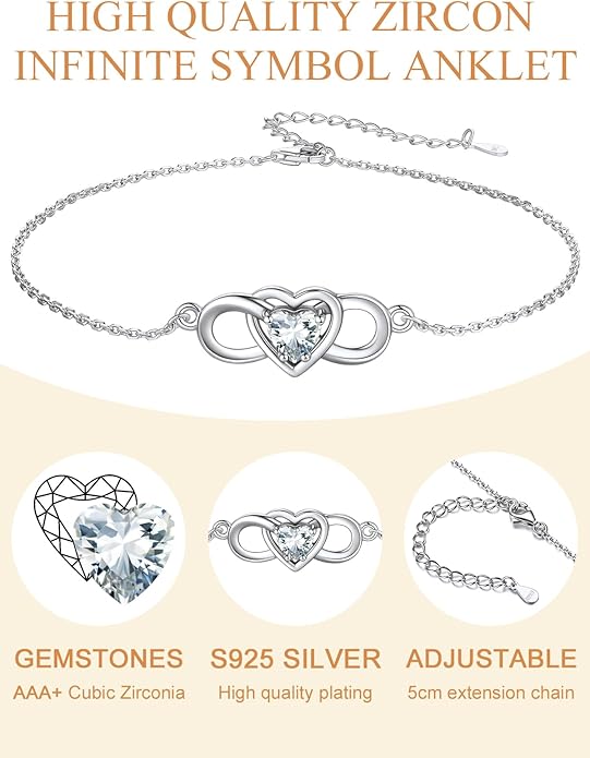 Custom4U Personalized Infinity Ankle Bracelets for Women 925 Sterling Silver Anklet Bracelet Endless Love Symbol Birthstone Charm Adjustable Foot Chain Jewelry Mothers Day Gifts for Mom Wife Women Her