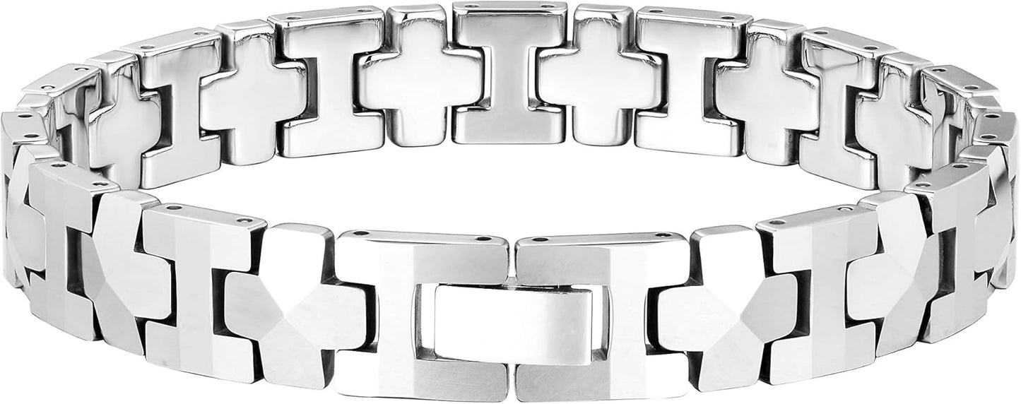 Urban Jewelry Men’s Tungsten Carbide Link Bracelet Collection – 8.3–8.5" Length, 10 mm Heavy Chain, Cross, Track, Box & Wheat Styles, Scratch & Tarnish Resistant, Secure Snap‑Lock, Gift Box