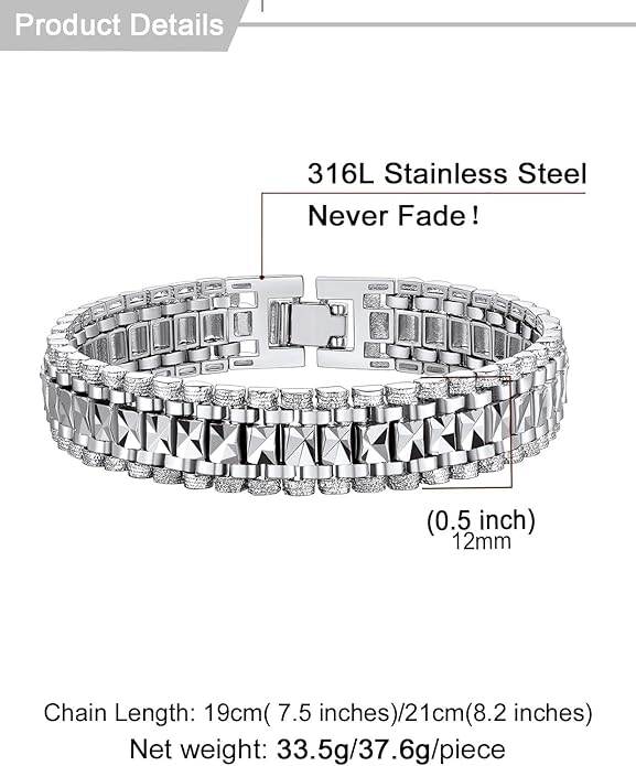 U7 Link Bracelets for Men, Cuban Link/Rope/Watch Band Solid Bracelet, Silver Black Gold Color Wrist Bracelet 3/6/9/12/15mm Width, 6.5/7.5/8.3 Inch Length, Hand Chain Jewelry for Mens Women