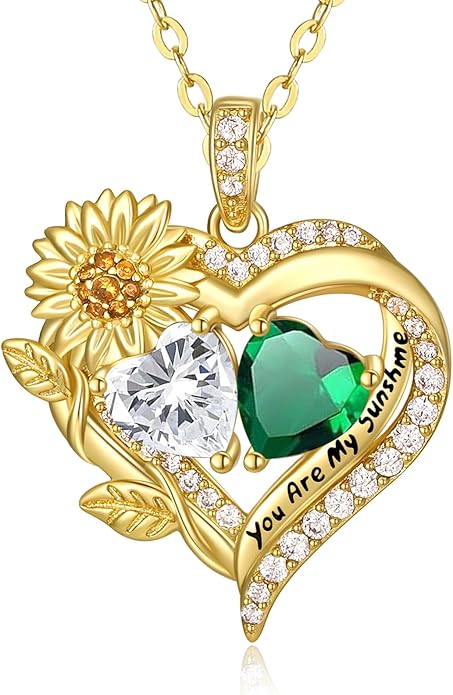 Sunflower Heart Necklace for Women 14K Gold Exquisite Anniversary Birthday Gifts for Wife Mother Her Double Birthstone Pendant jewelry‘You Are My Sunshine’