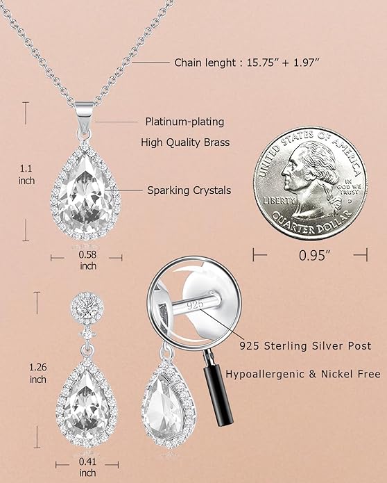 REASAYLL Jewelry Sets For Women 925 Sterling Silver Post Teardrop Dangle Stud Earrings Necklace Set Crystal Rhinestone Wedding Prom Costume Jewelry for Women