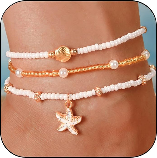Bead Ankle Bracelets for Women Waterproof Adjustable Boho Shell Anklet Summer Beach Seashell Conch Foot Jewelry Accessories