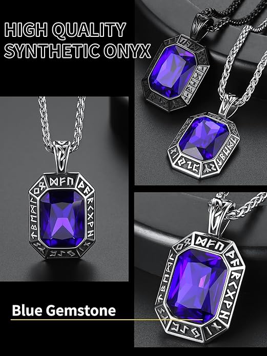 ChainsHouse Viking Rune Pendant Necklace for Men Women, Punk Biker Black Metal/316L Stainless Steel Onyx Norse Vintage Amulet Necklaces with Black/Red/Green/Blue Gemstone, Send Gift Box