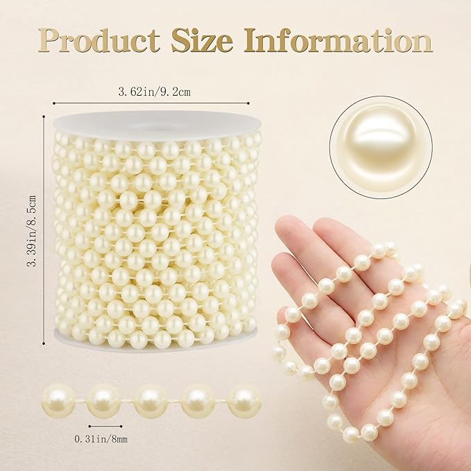 8mm Pearl Garland, 33 Feet Faux Pearl Garland Spool Roll for Wedding Centerpiece Backdrop Christmas Tree and Flowers Decoration DIY Craft (Ivory)