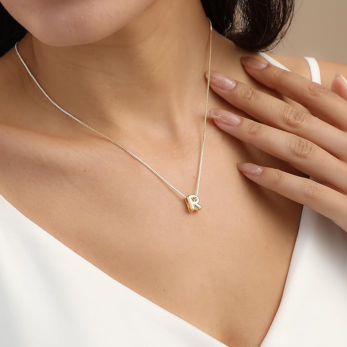 Bubble Gold Letter Necklace for Women, 14k Gold Plated Balloon Initial Necklace, Dainty Gold Necklace for Women, Personalized Bubble Pendant Name Necklace, Fashion Accessories Trendy Jewelry