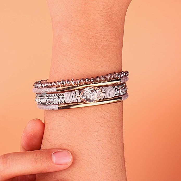 FANCY SHINY Leather Wrap Bracelets Crystal Beads Bracelet Boho Cuff Stone Charm Bracelets with Clasp Costume Jewelry for Women