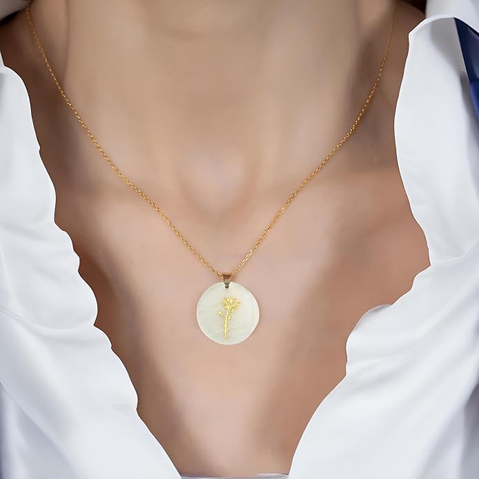 ONTHOLOGIE Birth Month Flower Necklace on Natural Mother of Pearl, 925K Sterling Silver Pendant Birth Flower Necklace, Personalized Birth Month Jewelry, Meaningful Gift for Women