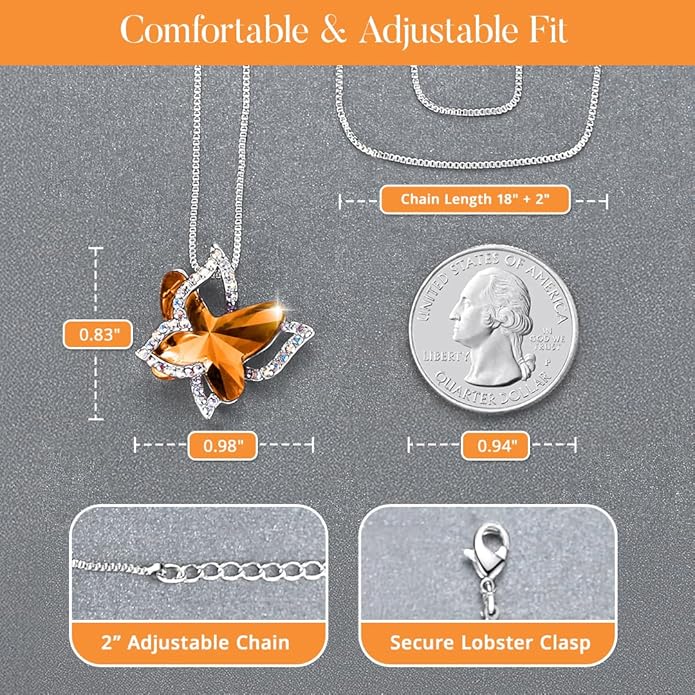 Gift Butterfly Birthstone Crystal Necklace, Silver Tone with 18”+2” Chain, Necklace for Mother’s Day Anniversary Birthday Gifts for Women and Daughter