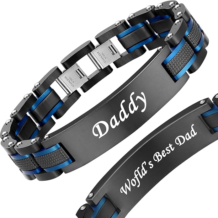 Holizaly Men's Stainless Steel Two Tone Square Link Bracelet, Black and Blue Ion Plated Black