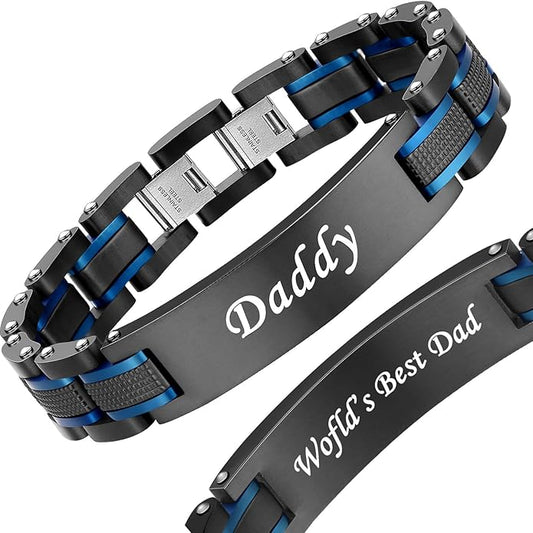 Holizaly Men's Stainless Steel Two Tone Square Link Bracelet, Black and Blue Ion Plated Black