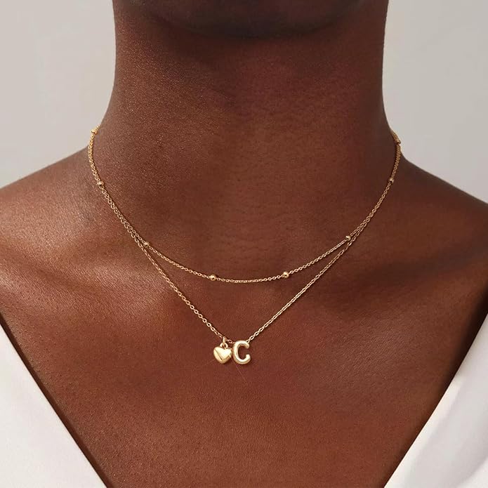 adoyi Gold Necklace for Women Layered Bubble Heart Letter Initial Necklaces for Women Trendy Jewelry 14K Gold Plated Chain Chunky Name Necklace Stack Charm A-Z Pendant Set Jewelry Gifts