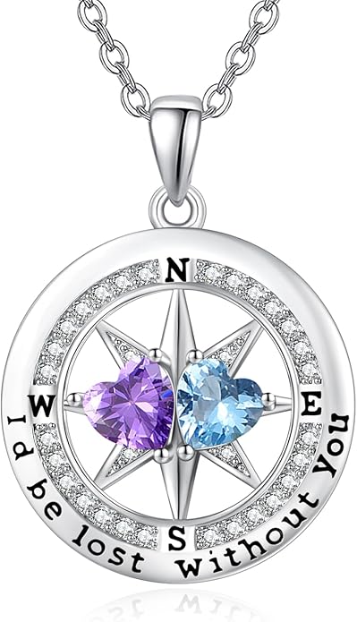 Compass Birthstones Necklace for Women, Exquisite Anniversary Birthday Gifts for Wife Her Double Birthstone Pendant jewelry ‘I'd be Lost Without You’