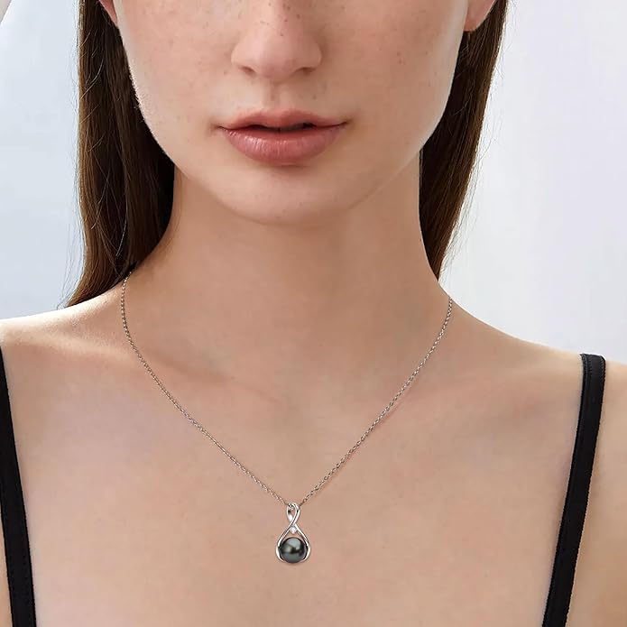 Tahitian Black Pearl Necklaces for Women, Sterling Silver Single Pearl Pendant Necklace Birthday Anniversary Jewelry Gifts for Wife Mom