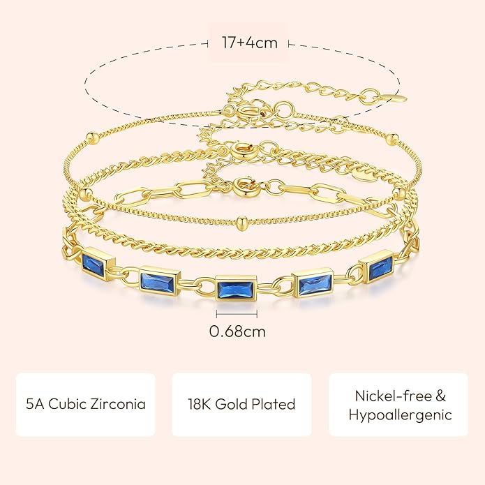 Gold Birthstone Bracelet for Women, 18K Gold Plated Layered Jewelry Bracelet Set, Women Dainty Stackable Bracelets Link Paperclip Chain Valentines Day Gift for Women