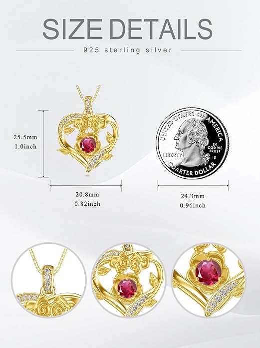Midari 18K Gold Heart Birthstone Necklace for Women Rose Pendant Birthday Jewelry Gifts for Wife Her Daughter Mom