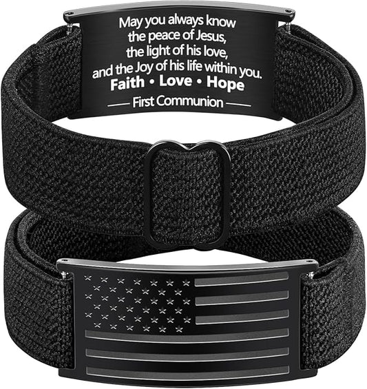 LDOWWGL Valentines Day Gifts - Patriotic American Flag Bracelet for Men - Military Adjustable Black Elastic Strap with Bible Verse - Veteran Gifts, Birthday Gift for Boys